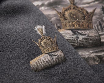 Pahlavi Crown On Cyres Cylinder Unisex Double Sided Sweatshirt | Surreal Dystopian Artwork