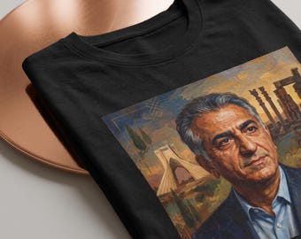 Reza Pahlavi Portrait T-Shirt | Oil-Style King Portrait, Iran Urban Landscape