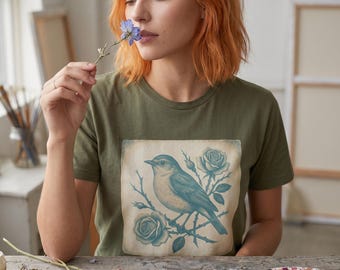 Vintage Bluebird and Roses T-Shirt | Botanical Bird Illustration