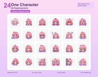 Yuki | 24 pixlars anime Twitch-emotespaket | Chibi-reaktionsemotes PNG direktnedladdning