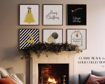 May include: A collection of six framed Christmas art prints in a classy black and gold theme. The prints feature festive designs like a Christmas tree, reindeer, ornaments, and holiday phrases. The artwork is displayed above a fireplace.