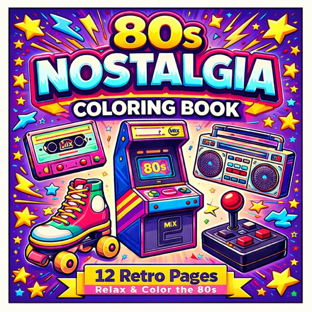 80s Nostalgia Coloring Book | Retro Arcade, Cassette, Roller Skate ...