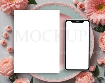 Coquette Floral Scene for Digital Evites & Greeting Cards, 5x7 Card and iPhone Mockup, Invitation With Phone Mockup, PSD, Canva
