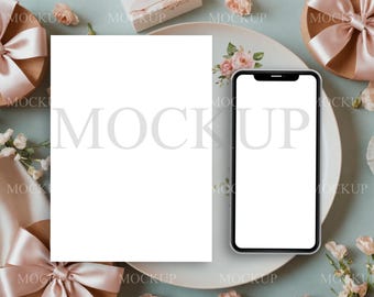 Ribbon Scene for Digital Evites & Greeting Cards, 5x7 Card and iPhone Mockup, Coquette Aesthetic, Invitation With Phone Mockup, PSD, Canva