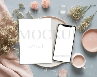 Soft Aesthetic Scene for Digital Evites & Greeting Cards, 5x7 Card and Phone Mockup, Invitation With Phone Mockup, soft ambience, PSD, Canva