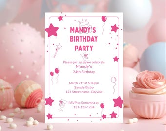 Raspberry Pink Birthday Invitation Template, Hand-Drawn Party Icons, Editable Canva Invite (5x7, Digital Download)