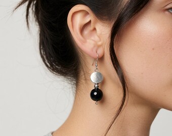 Black Onyx & Silver Disc Dangle Earrings | Eclipse Geometric Bead Earrings