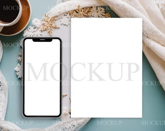 iPhone Mockup 1125x2436px + 5x7 Karten Mockup | Kaffee Flatlay Scene | Neutrales ästhetisches Branding Mockup | Produktdarstellung