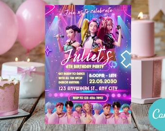 May include: A pink birthday party invitation with the text "Juliet's 4th Birthday Party." The invitation features illustrations of three animated figures holding microphones, with a neon purple and pink background. Pink balloons and a cake are in the background.