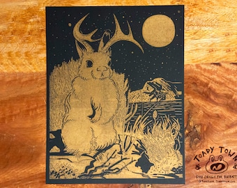 Midnight Jackalope Metallic Gold 8.5 x 11 Risograph Print