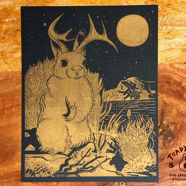 Midnight Jackalope Metallic Gold 8.5 x 11 Risograph Print