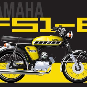 Könnte beinhalten: Illustration eines klassischen Yamaha FS1-E Motorrads. Das Motorrad hat einen gelben Tank mit schwarzen Streifen, einen schwarzen Sitz und verchromte Kotflügel. Der Hintergrund ist schwarz mit gelbem Text: "YAMAHA FS1-E".