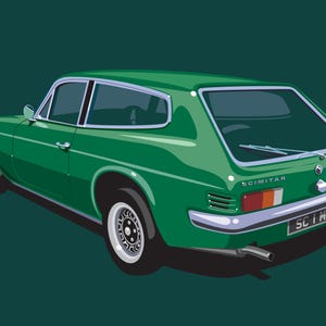 Puede incluir: Ilustración de un Scimitar GTE verde, un coche deportivo británico clásico. El coche se representa de lado, mostrando su distintivo diseño de hatchback. La imagen presenta un fondo verde oscuro y una matrícula que dice "SC1M".