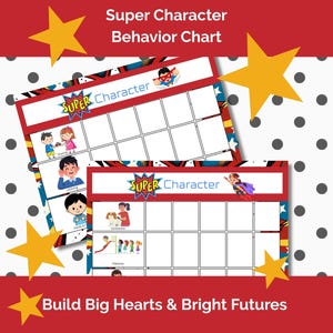 Könnte beinhalten: Zwei "Super Character Behavior Chart" Drucke mit Illustrationen von Kindern und Superhelden. Die Charts haben einen rot-blauen Rand mit den Worten "Super Character" oben. Der Hintergrund ist weiß mit schwarzen Punkten und goldenen Sternen.