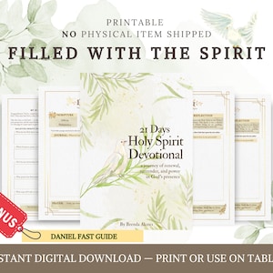 Può includere: Un download digitale con un devozionale intitolato "21 Days Holy Spirit Devotional". La copertina presenta un'illustrazione di colomba e testo. Sono visibili pagine aggiuntive con suggerimenti. Il testo recita "Filled with the Spirit" e "Instant Digital Download."