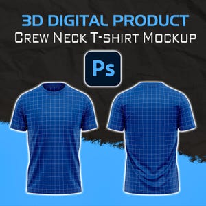 Op de afbeelding: Een blauwe crewneck t-shirt mockup, van voren en van achteren getoond. De shirts hebben een rasterpatroon overlay. De afbeelding bevat de tekst "3D DIGITAL PRODUCT CREW NECK T-SHIRT MOCKUP" en een Photoshop-logo.