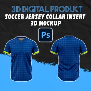 Puede incluir: Maqueta de camiseta de fútbol azul con cuello en V y detalles amarillos en las mangas. La camiseta tiene un patrón de cuadrícula y se muestra por delante y por detrás. El texto en la parte superior dice "3D DIGITAL PRODUCT SOCCER JERSEY COLLAR INSERT 3D MOCKUP".