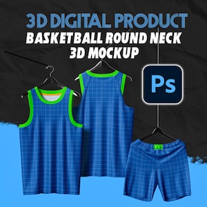 以下が含まれることがあります： バスケットボールのユニフォームセットの3Dデジタル製品モックアップ。丸首ジャージとショーツが含まれています。青い生地には格子模様と緑のトリムがあります。「3D DIGITAL PRODUCT BASKETBALL ROUND NECK 3D MOCKUP」というテキストが表示されています。
