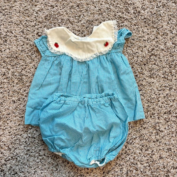 Vintage Baby Blue Gingham Strawberry Dress & Bloomer Set 12M Made in USA
