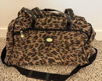 Vintage Pierre Cardin Leopard Tapestry Duffel Bag, 90s Weekender Travel Carry On