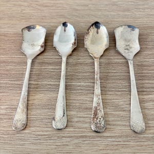 May include: Four silver-toned metal spoons arranged in a row. Two spoons feature wide, flat, shield-shaped bowls, while the other two have rounded, oval-shaped bowls. Each handle terminates in a decorative shell-like motif at the base.
