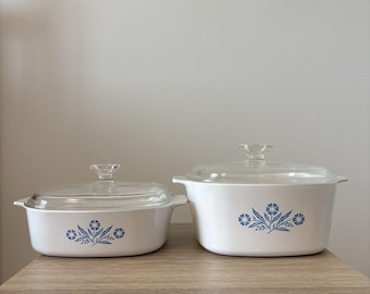 Vintage Corning Ware Blue Cornflower Auflaufformen mit Pyrex Deckeln 2er Set