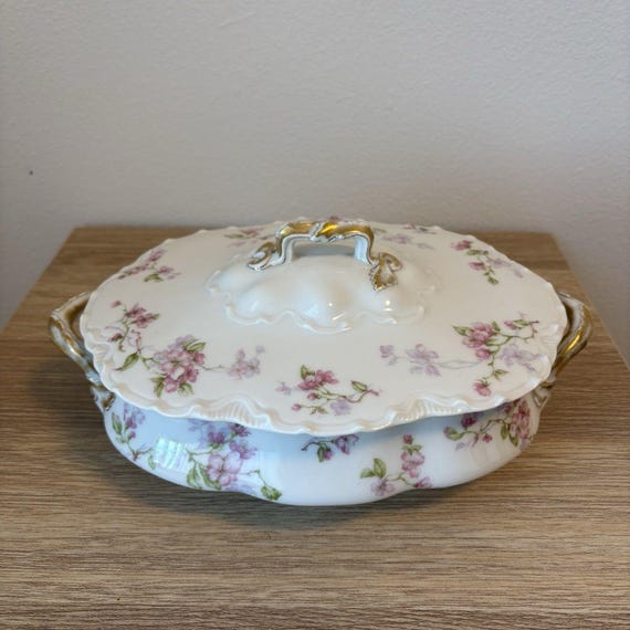 Antique Haviland Limoges France Pink Floral Covered Vegetable Dish