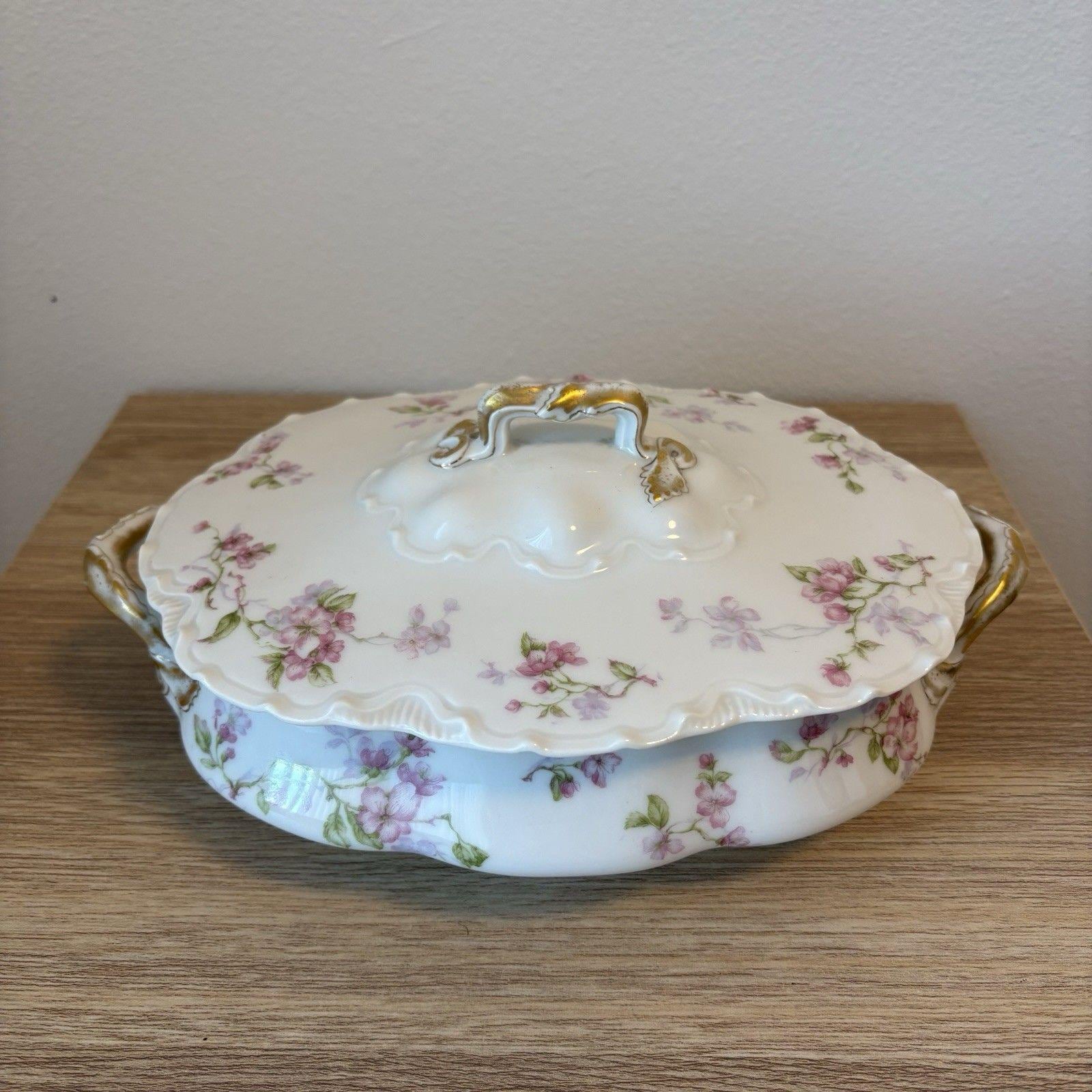 Antique Haviland Limoges France Pink Floral Covered Vegetable Dish