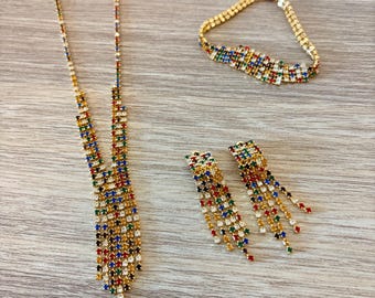 Vintage 1970s Multicolor Rhinestone Jewelry Set, Necklace Bracelet Earrings
