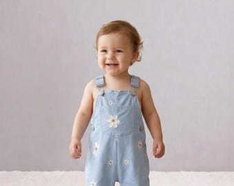Baby Girl Blue Daisy Floral Overalls, Embroidered Spring Toddler Romper Kids