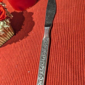 May include: A silver-toned metal dinner knife featuring a smooth, unadorned blade and a rectangular handle decorated with an intricate, embossed scrolling vine pattern that runs the full length of the handle grip.