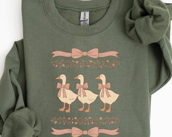 Retro Cute Goose with Coquette Sweatshirt, Animal Lover Sweatshirt, Goose Hoodie, Cottage Core Aesthetic, Gift for Animal Lovers,