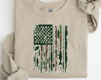 Hunting and Fishing Flag Shirt, American Flag Sweatshirt, Fishing T-shirt, Hunting Lover Gift, USA Fishing Hoodie, Gift for Dad, Camping Tee