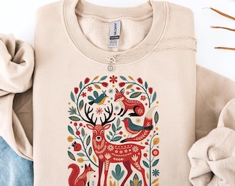 Sudadera Hygge nórdica con estampado floral, Camisa navideña con estampado floral, Sudadera escandinava de invierno, Suéteres navideños de regalo, Camisa con estampado floral cachemir