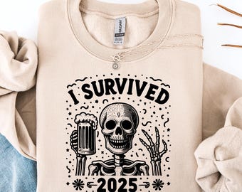 Grappig skelet nieuwjaarsshirt, sweatshirt overleefd 2026, T-shirt nieuwjaarsfeest, winter nieuwjaarsoutfit, vakantieshirt, nieuwjaar kerstcadeau