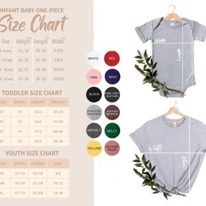 Puede incluir: Tabla de tallas para ropa de beb&eacute;, ni&ntilde;o peque&ntilde;o y joven, con medidas en cm. La tabla detalla el peso, la longitud y el ancho. Se muestran muestras de color, incluyendo blanco, rosa, negro y amarillo.