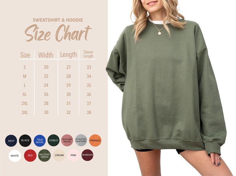 Puede incluir: Una sudadera verde oliva con una tabla de tallas y opciones de color. La tabla de tallas muestra las medidas en cent&iacute;metros para el ancho, el largo y el largo de la manga. Los colores disponibles incluyen azul marino, negro, azul real, bosque y m&aacute;s.