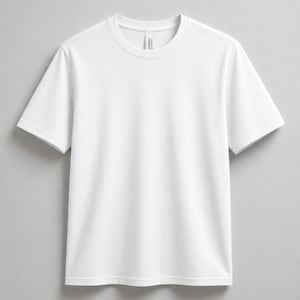 Puede incluir: Una camiseta blanca lisa con cuello redondo. La camiseta de manga corta está hecha de un material suave y se muestra sobre un fondo gris. La camiseta tiene una etiqueta en el interior del cuello.