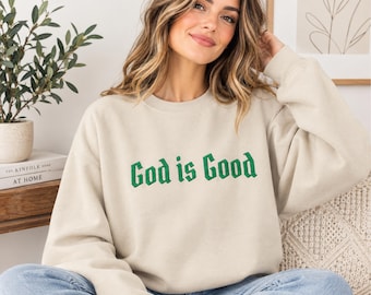 Sudadera bordada "Dios es bueno", cuello redondo con estampado de fe cristiana, mezcla de algodón 50/50, amiga.