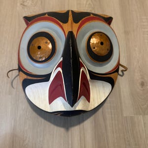 Pacific Northwest Coast Kwakiutl hand-carved “Owl” cedar mask by Gene Brabant.