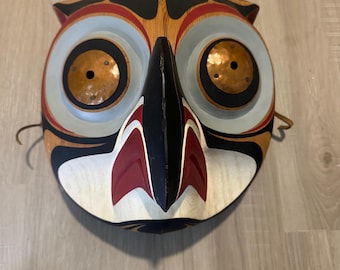 Pacific Northwest Coast Kwakiutl hand-carved “Owl” cedar mask by Gene Brabant.