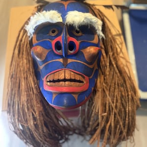 Pacific  Northwest Coast Makah hand-carved “Bakwas” cedar mask signed by Greg Colfax dated 1986.