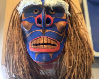 Pacific  Northwest Coast Makah hand-carved “Bakwas” cedar mask signed by Greg Colfax dated 1986.