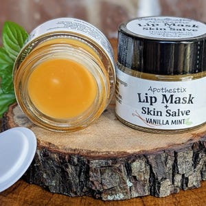 Mascarilla/bálsamo labial y bálsamo para la piel, vainilla y menta natural, hidratación intensa, frasco de vidrio reutilizable