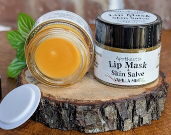 Lip Mask/Balm & Skin Salve, Natural Vanilla Mint, Intense Moisture, Reusable Glass Jar