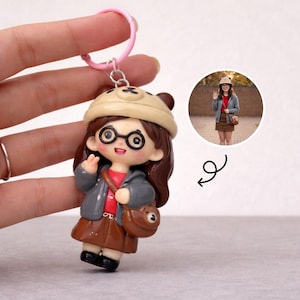 May include: A custom keychain featuring a miniature figurine of a person wearing a beige bear-ear hat, round black glasses, a gray jacket over a red shirt, and a brown skirt with a matching brown crossbody bag, attached to a pink ring.