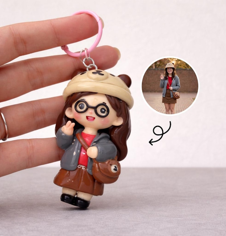 May include: A custom keychain featuring a miniature figurine of a person wearing a beige bear-ear hat, round black glasses, a gray jacket over a red shirt, and a brown skirt with a matching brown crossbody bag, attached to a pink ring.