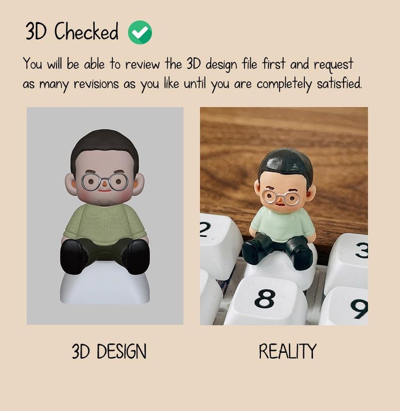 Puede incluir: La imagen muestra una comparaci&oacute;n de un dise&ntilde;o 3D y su contraparte real. El dise&ntilde;o 3D presenta una peque&ntilde;a figura de una persona con gafas y una camisa verde. La figura real est&aacute; sentada en un teclado. El texto dice "3D Checked".