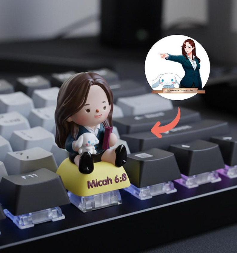 Puede incluir: Una tecla de teclado personalizada con una figura de una persona sosteniendo un perro blanco peque&ntilde;o y un libro, sentada en una tecla amarilla con el texto "Micah 6:8". Una ilustraci&oacute;n de una persona y un perro de dibujos animados est&aacute; en el fondo.