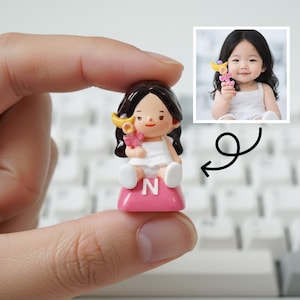 Puede incluir: Peque&ntilde;a figura de una ni&ntilde;a con cabello negro, vestida con un vestido blanco y zapatos blancos, sosteniendo una flor rosa y un objeto amarillo. La figura est&aacute; sentada sobre una base rosa con la letra "N". Una peque&ntilde;a foto de una ni&ntilde;a sosteniendo un juguete similar est&aacute; en el fondo.